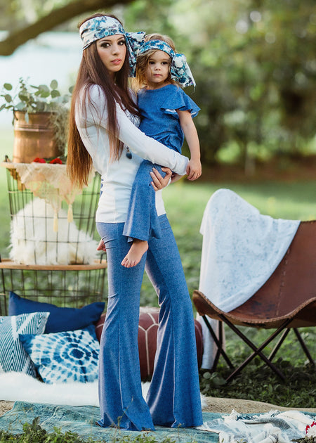 Wildflower Mommy & Me Set in Tiffany Blue Velvet (Women's Bell-Bottom & Child's Jumpsuit)