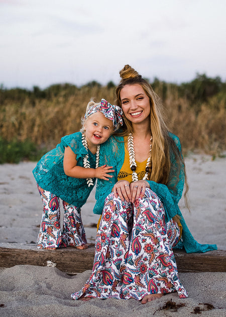 Wildflower Mommy & Me Set in Tiffany Blue Velvet (Women's Bell-Bottom & Child's Jumpsuit)